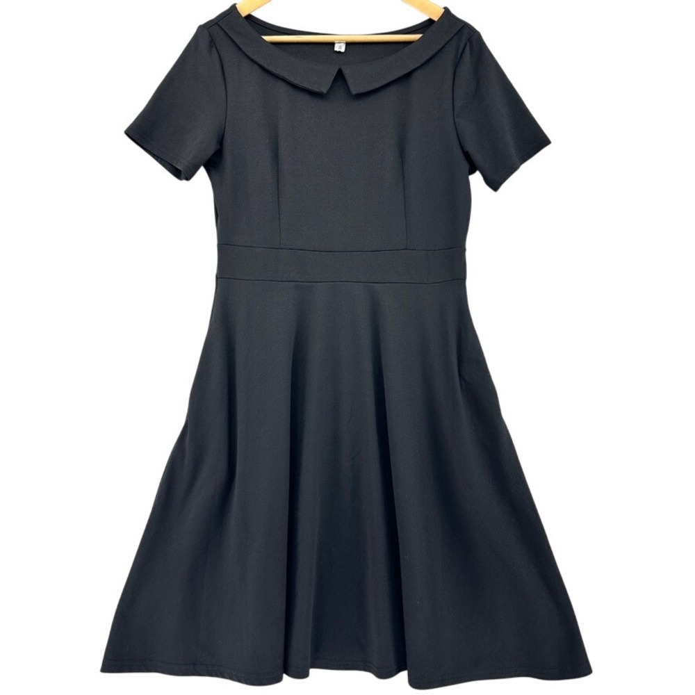 HELYO Black Peter Pan Collar Fit and Flare A-Line Dress Pockets L Retro Gothic